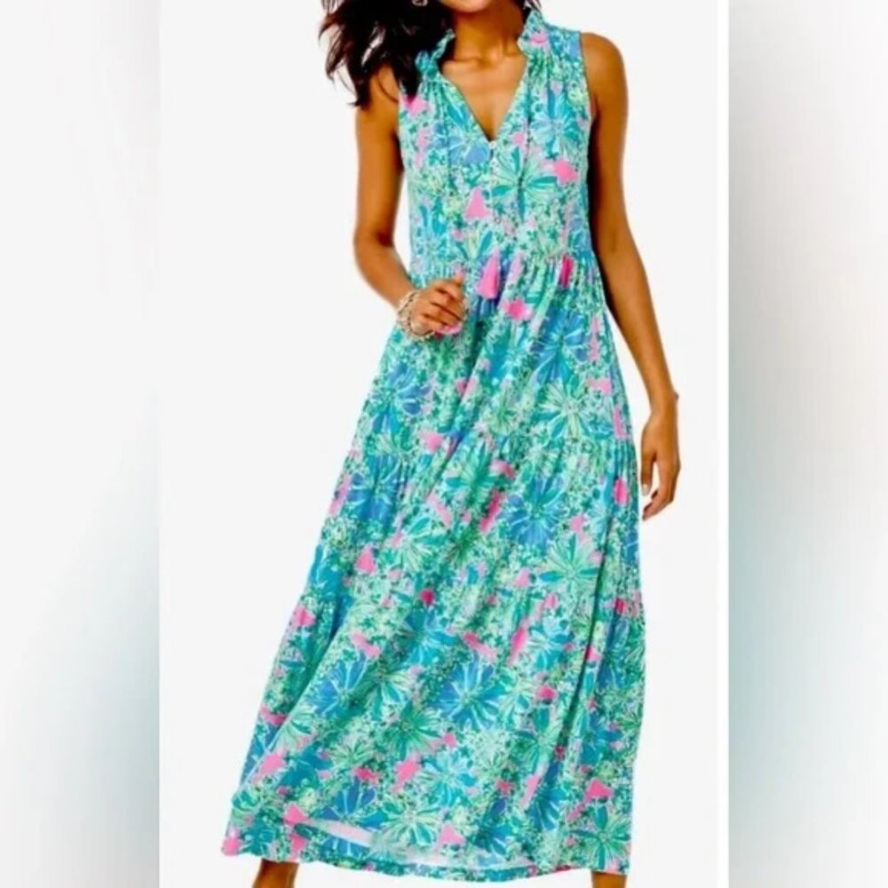 Lilly Pulitzer Blue Green and Pink Maxi Malone Dress